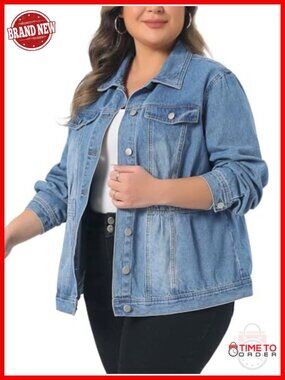 Plus Size Denim Jacket Long Sleeve Button Up Western Trucker Loose Fit